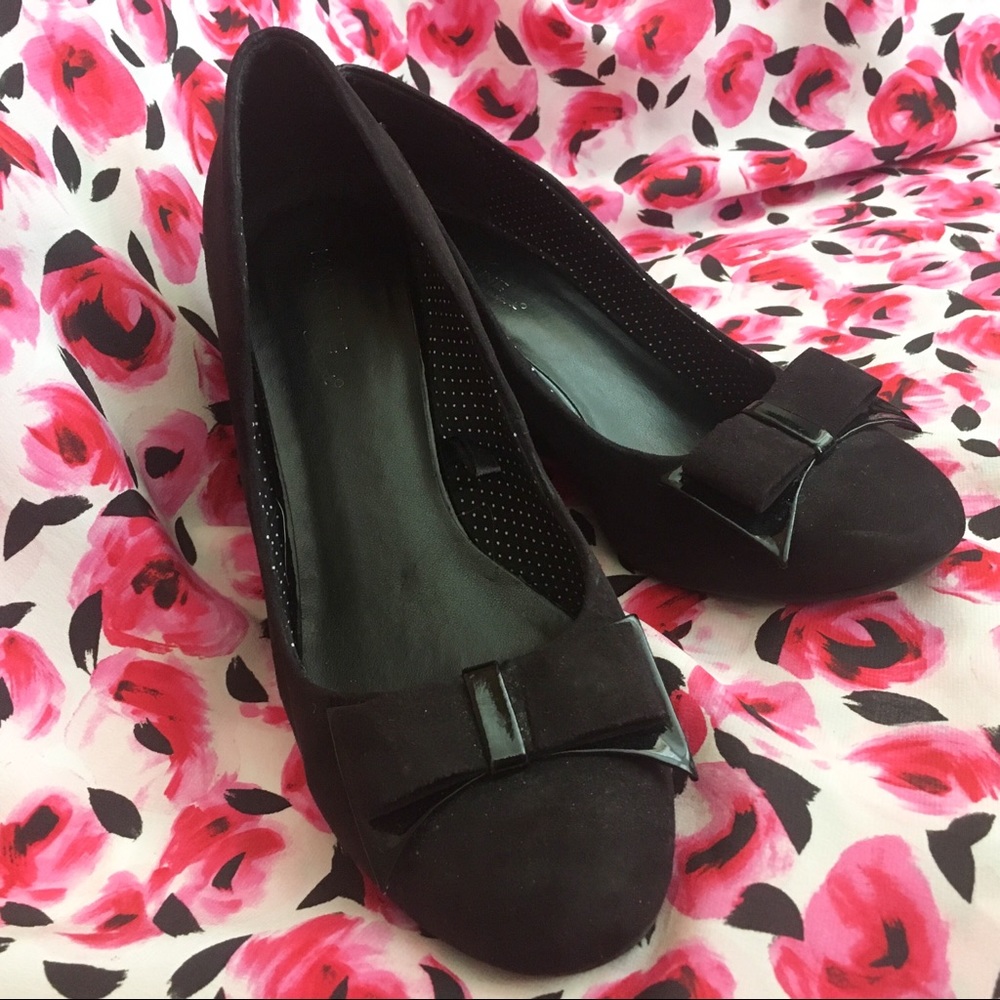 Black Suede Wedge Heels With Black Bow Accent